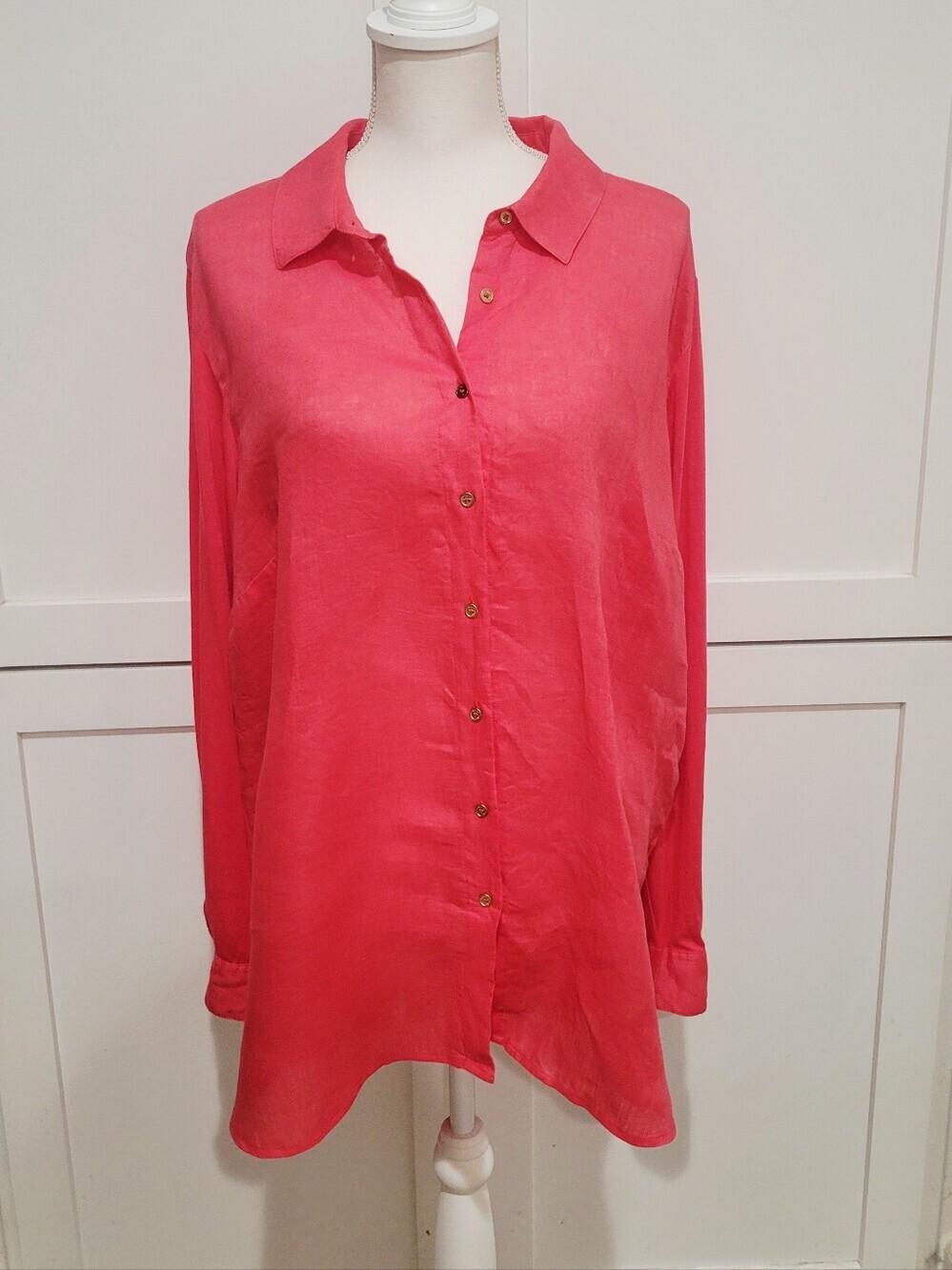 Calvin Klein Coral Linen Blend Long Adjustable Sleeves Button Up Blouse | 1X